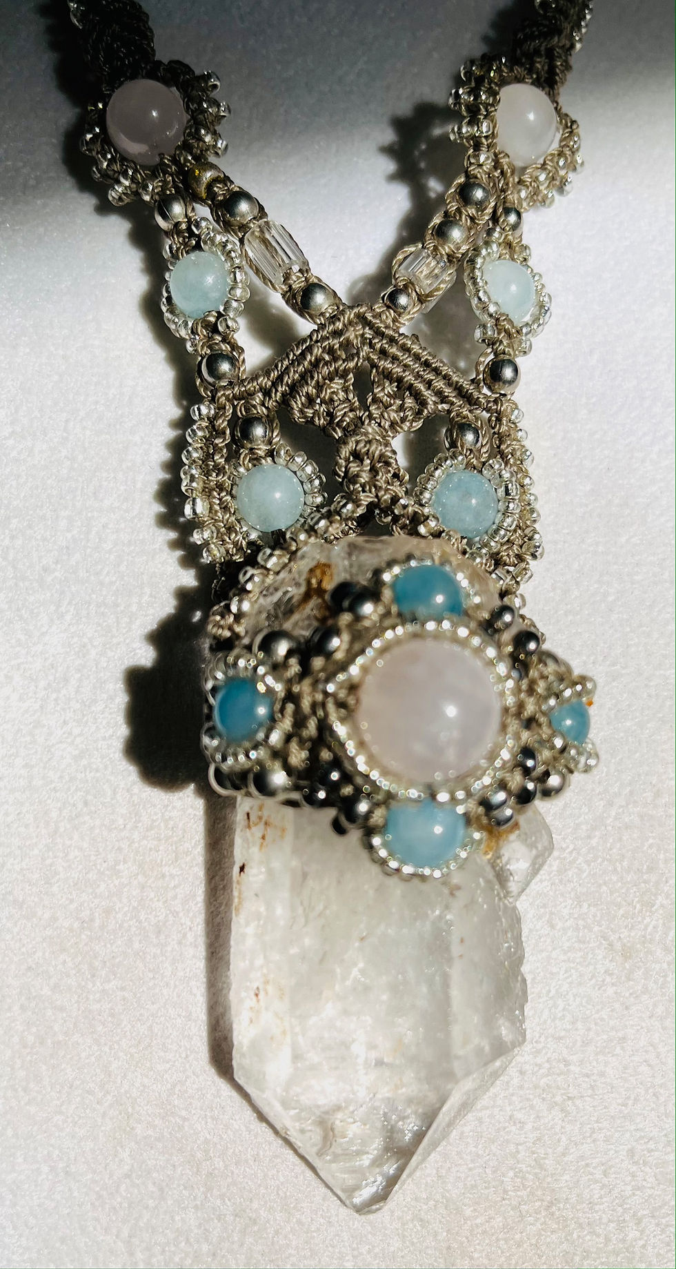 Macrame natural quartz necklace with rose quartz and amazonite beads
