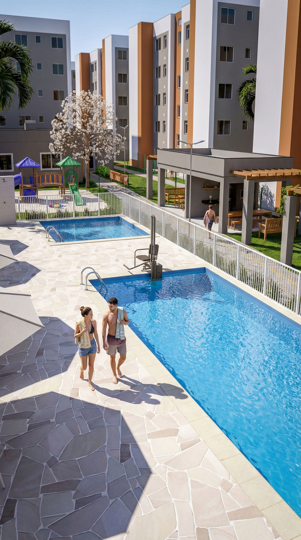 ArchViz da área de lazer do Condomínio Lotus Vértice, com casal caminhando próximo à piscina.