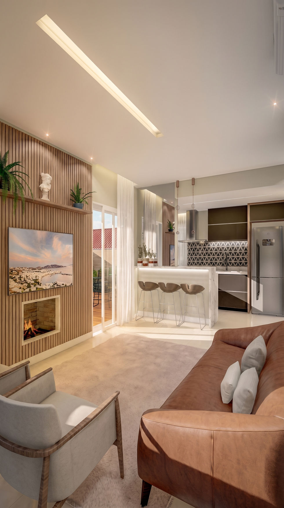 Render 3D de apartamento com sala de estar e cozinha integradas em estilo contemporâneo.
