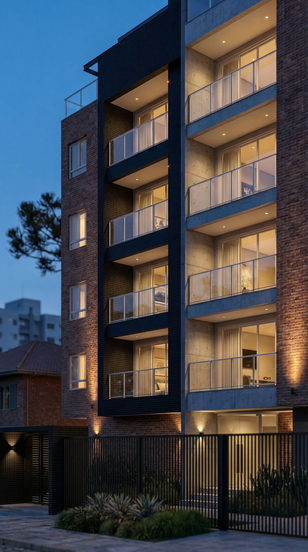 Render noturno de acesso e fachada iluminada de empreendimento residencial em Caxias do Sul RS.