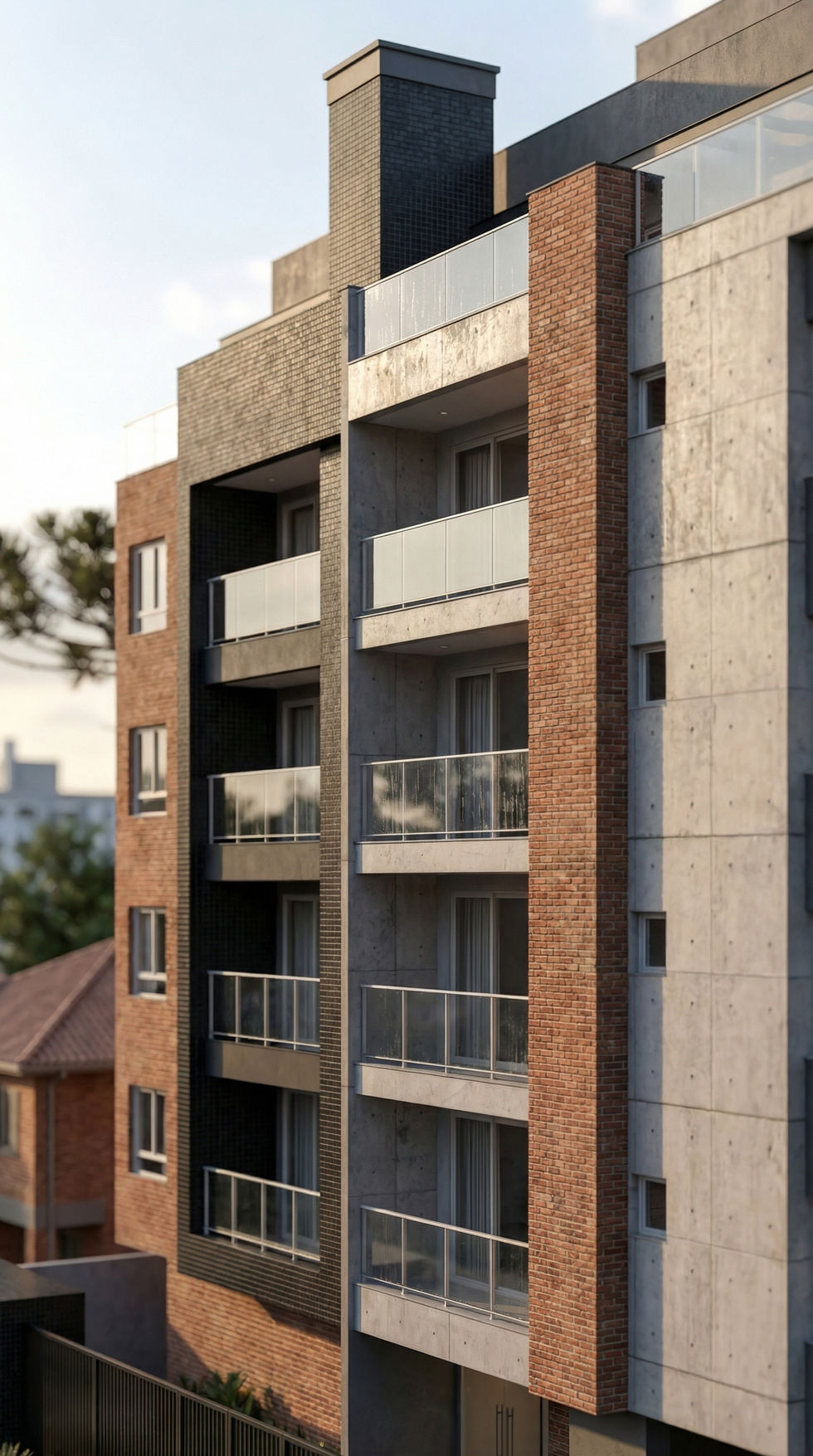 Detalhe em render 3D de fachada residencial contemporânea com tijolo, concreto, vidro e sacadas.
