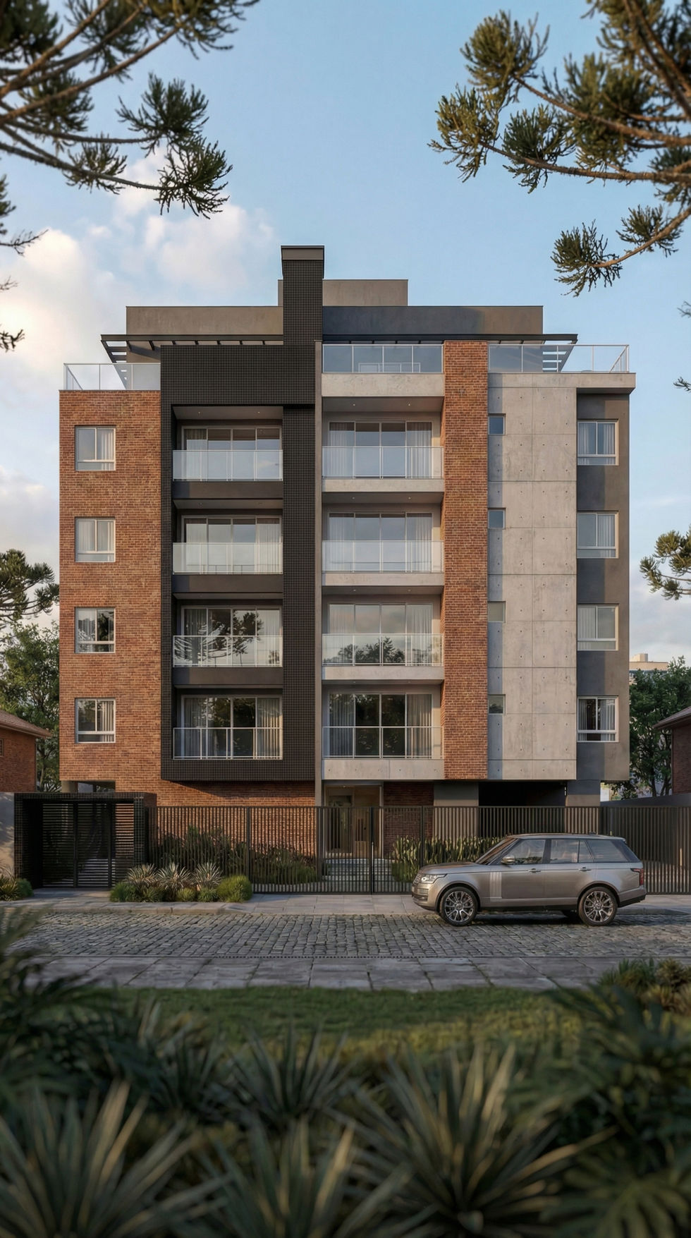 Render imobiliário do Residencial Cinquentenário inserido na paisagem urbana da Serra Gaúcha.