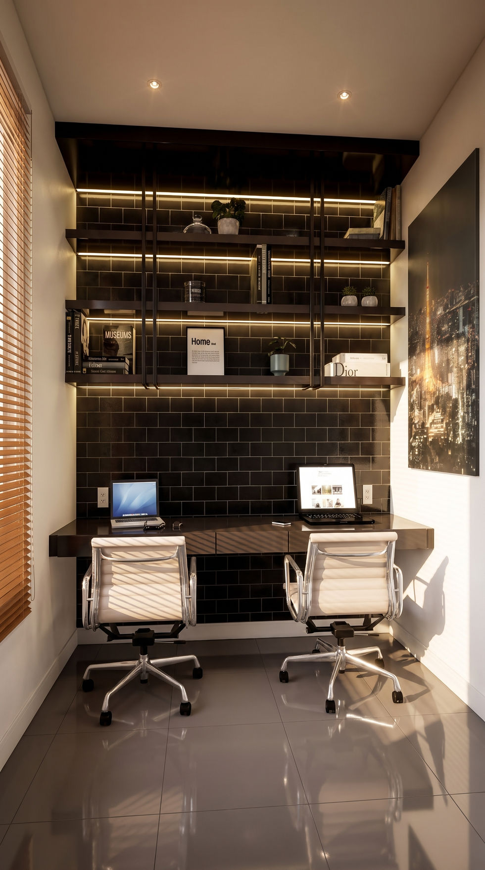 Render 3D de home office planejado em apartamento residencial contemporâneo.