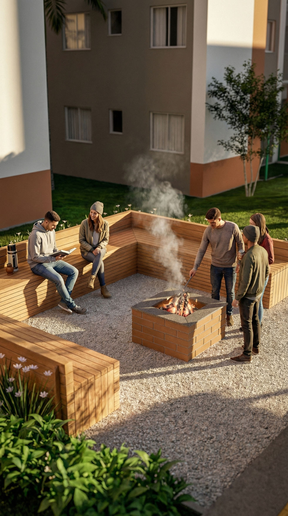 Render noturno de fire place em condomínio residencial, com moradores reunidos ao redor da fogueira.