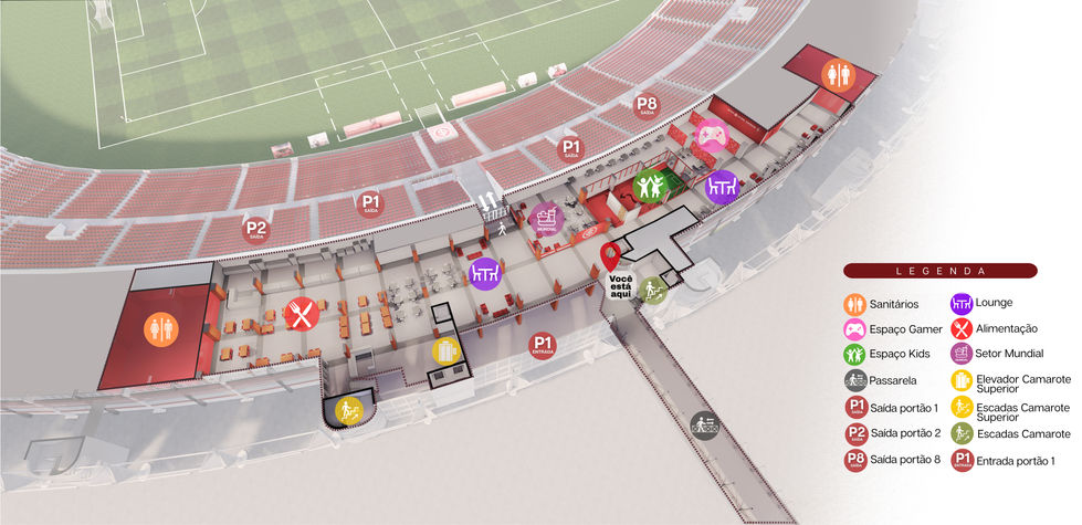 Mapa 3D de setores, circulação, alimentação e serviços do Estádio Beira-Rio.