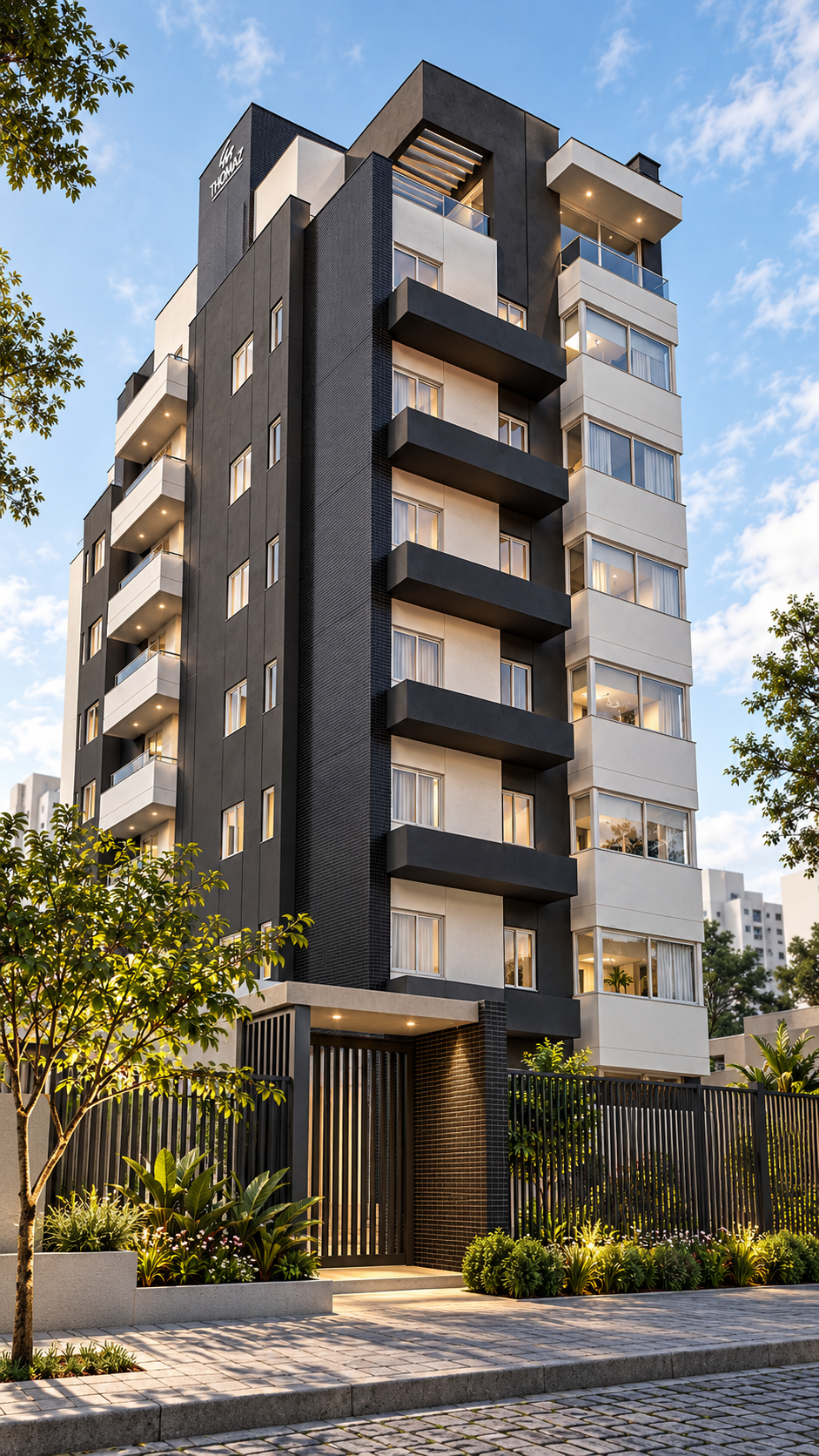 Visualização arquitetônica vertical de edifício residencial visto da entrada de pedestres para cima.