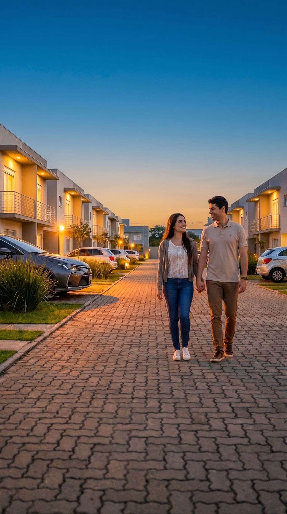 Render noturno de casal caminhando em condomínio horizontal com casas iluminadas durante a blue hour.