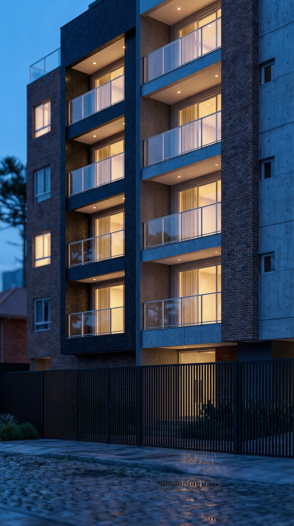 Visualização arquitetônica noturna de edifício residencial com sacadas iluminadas em Caxias do Sul.