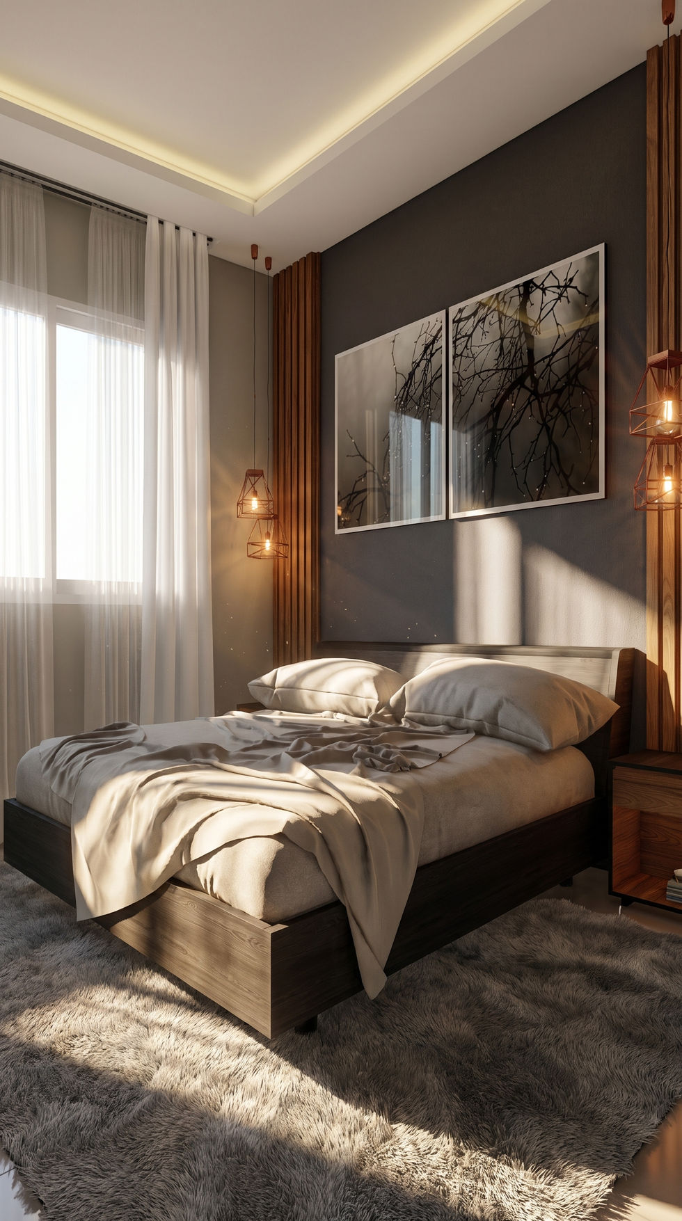 Visualização arquitetônica 3D de dormitório contemporâneo com iluminação natural e decoração aconchegante.