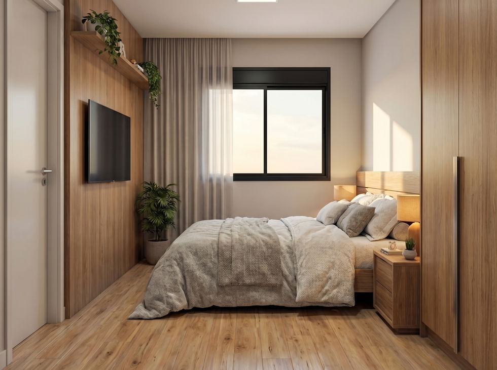 Render de dormitório contemporâneo com madeira, cama, iluminação natural e decoração em tons neutros.