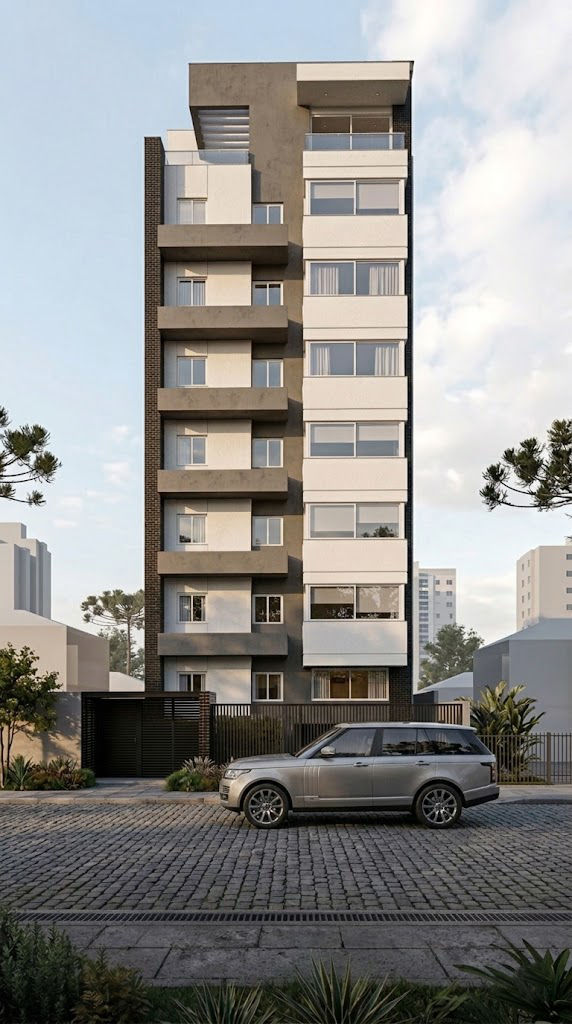 Render frontal de edifício residencial vertical com fachada contemporânea e varandas em vidro.