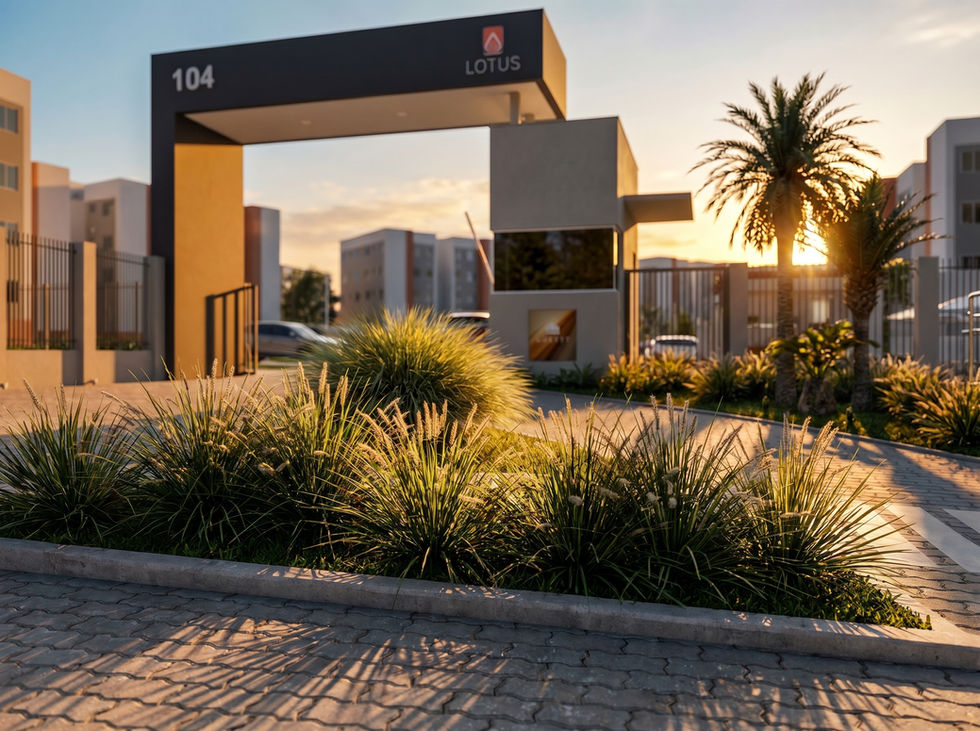 Render 3D da portaria do Condomínio Lotus Sunset em São Leopoldo, desenvolvido para marketing imobiliário.