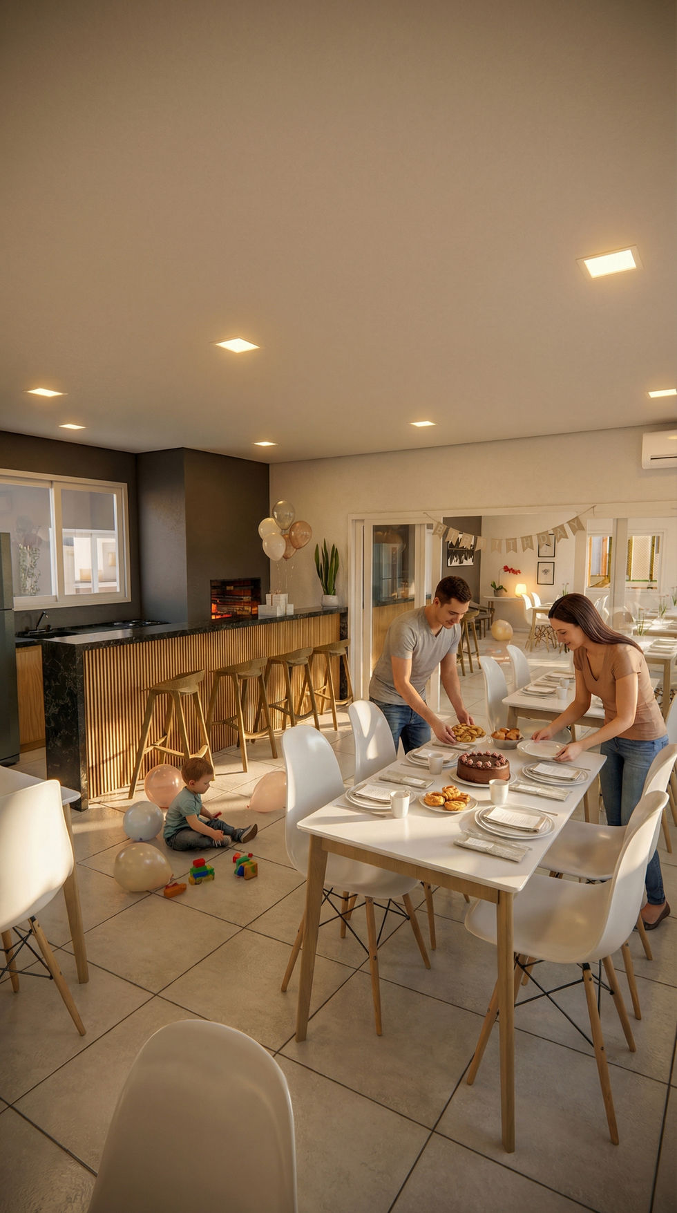 Render 3D de salão de festas de condomínio com pais preparando uma festa de aniversário infantil.