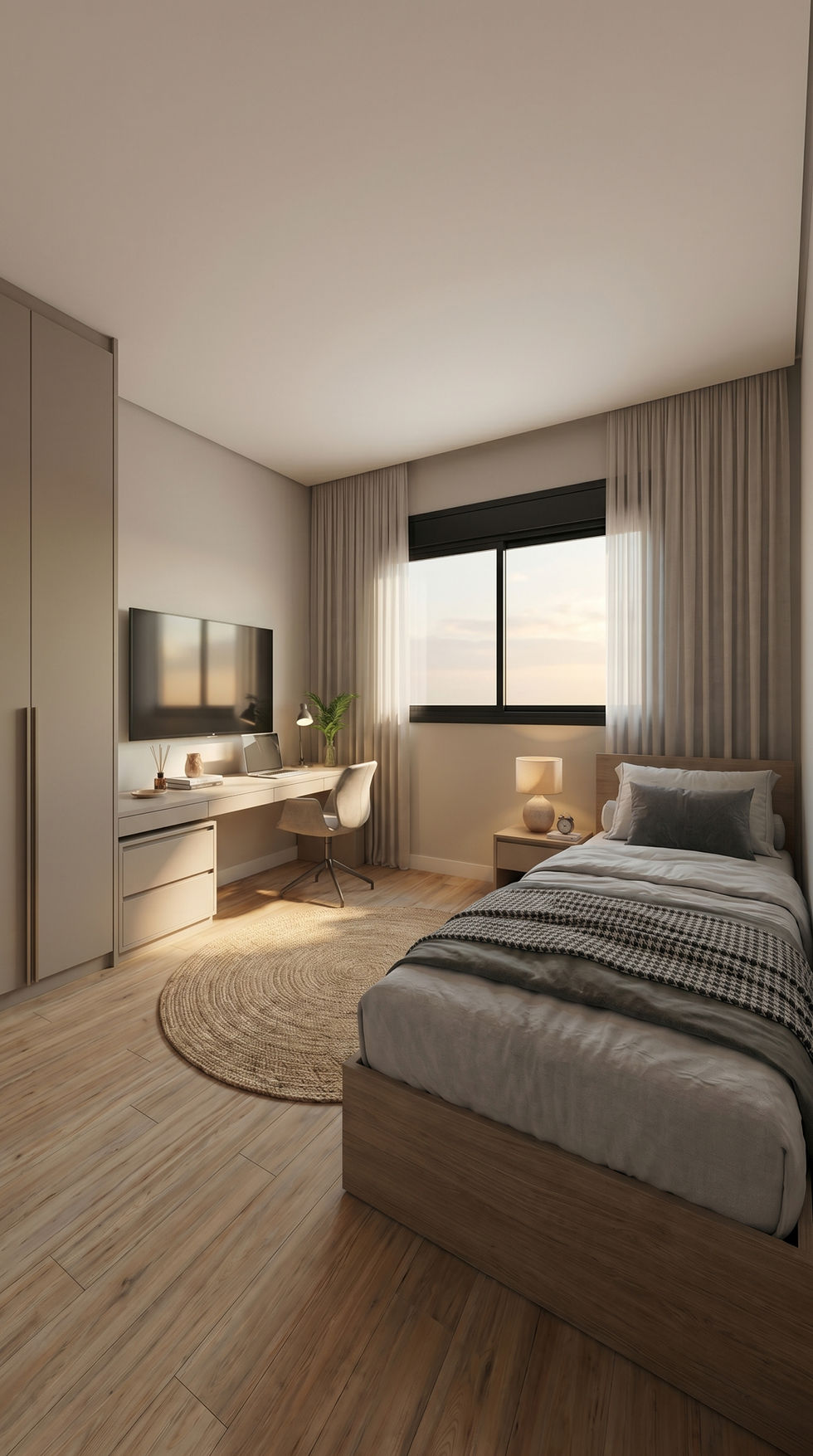 Visualização 3D de dormitório com cama, mobiliário em madeira e iluminação natural.