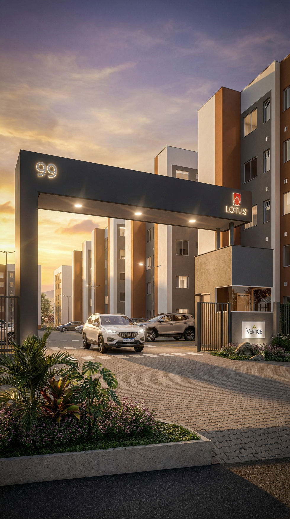 Render 3D da portaria do Condomínio Lotus Vértice em Esteio, criado para lançamento e marketing imobiliário.