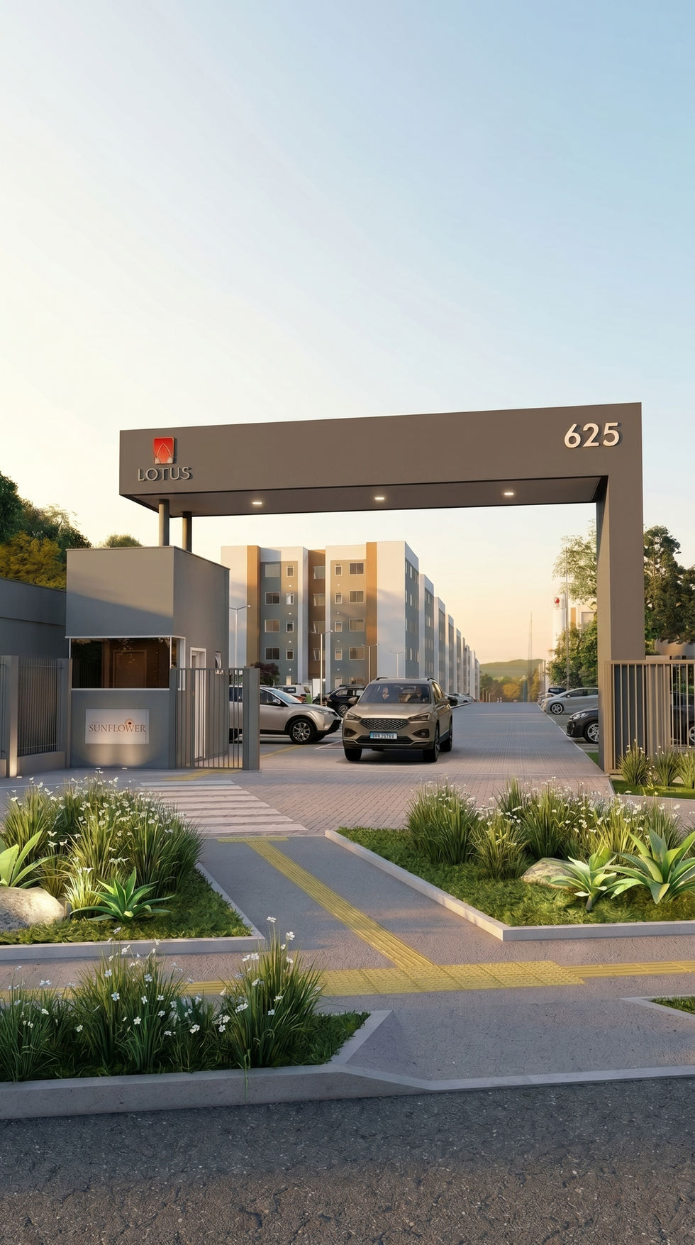 Render 3D da portaria do Condomínio Lotus Sunflower, visualização arquitetônica para lançamento imobiliário em Porto Alegre.