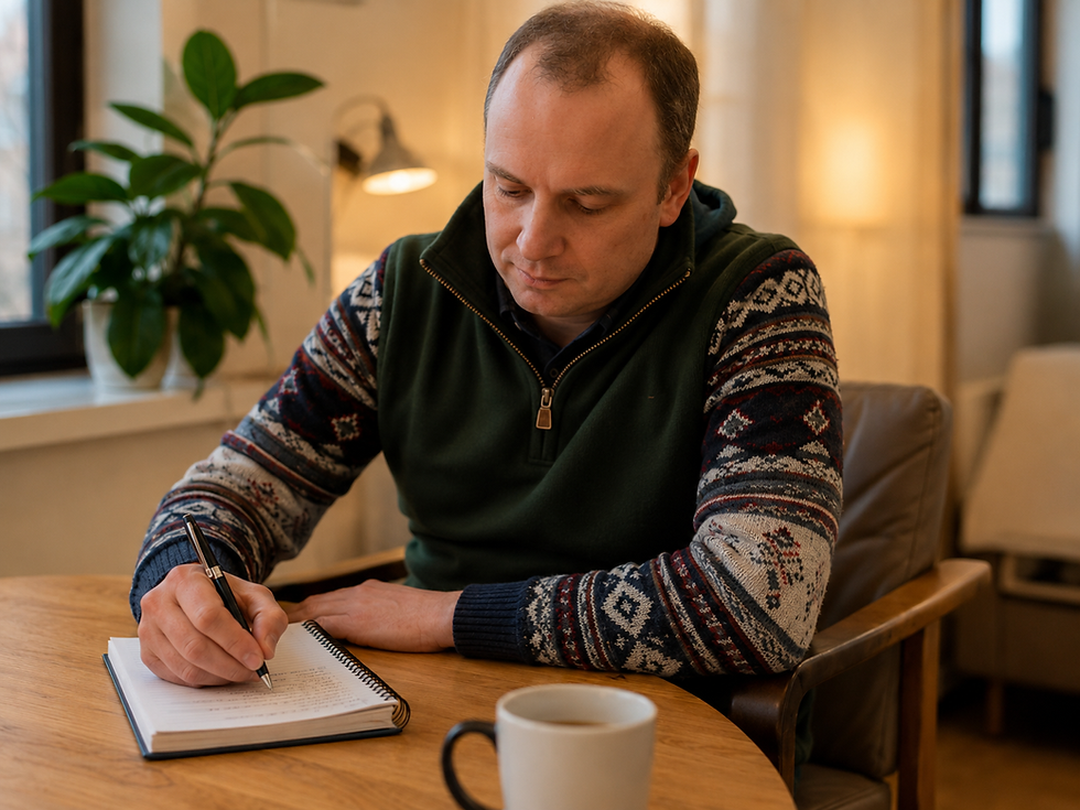Owen Shiels writing at a desk