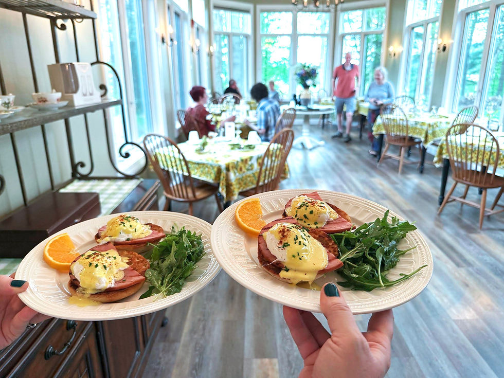 Breakfast at Stone Hill Inn, Eggs Benedict, Sunlit breakfast room