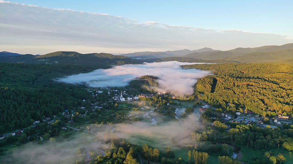 Stowe Vermont - aerial view - of one of New England's favorite mountain towns.