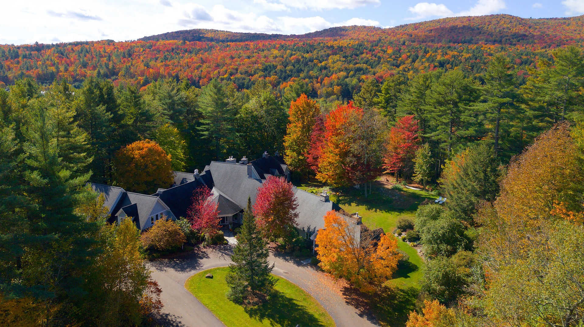 Aerial view of Green Mountains and romantic getaway bed and breakfast, Stone Hill Inn