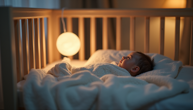 Eye-level view of a baby crib with soft blankets and a nightlight