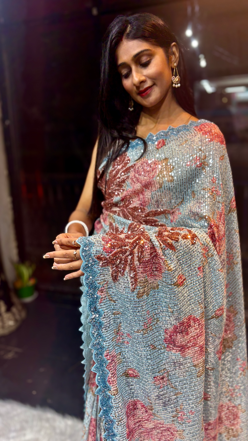 Thumbnail: Floral Digital Printed Lycra Sequence Saree