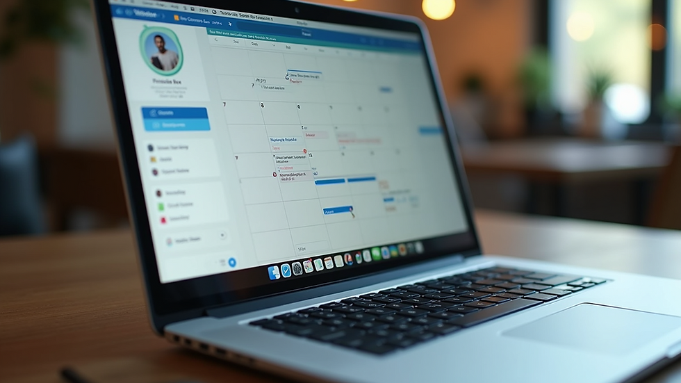 Eye-level view of a laptop screen showing a social media calendar