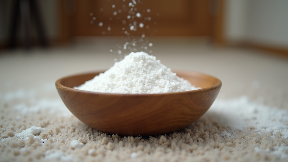 Eye-level view of a bowl of baking soda on a carpet