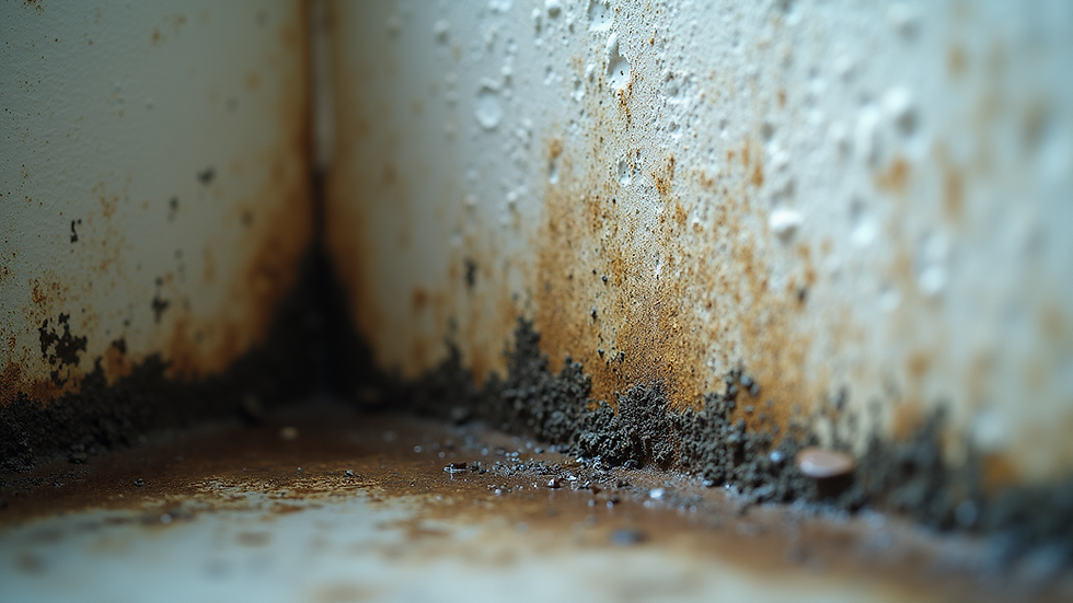 Close-up view of mold growth on a damp wall corner