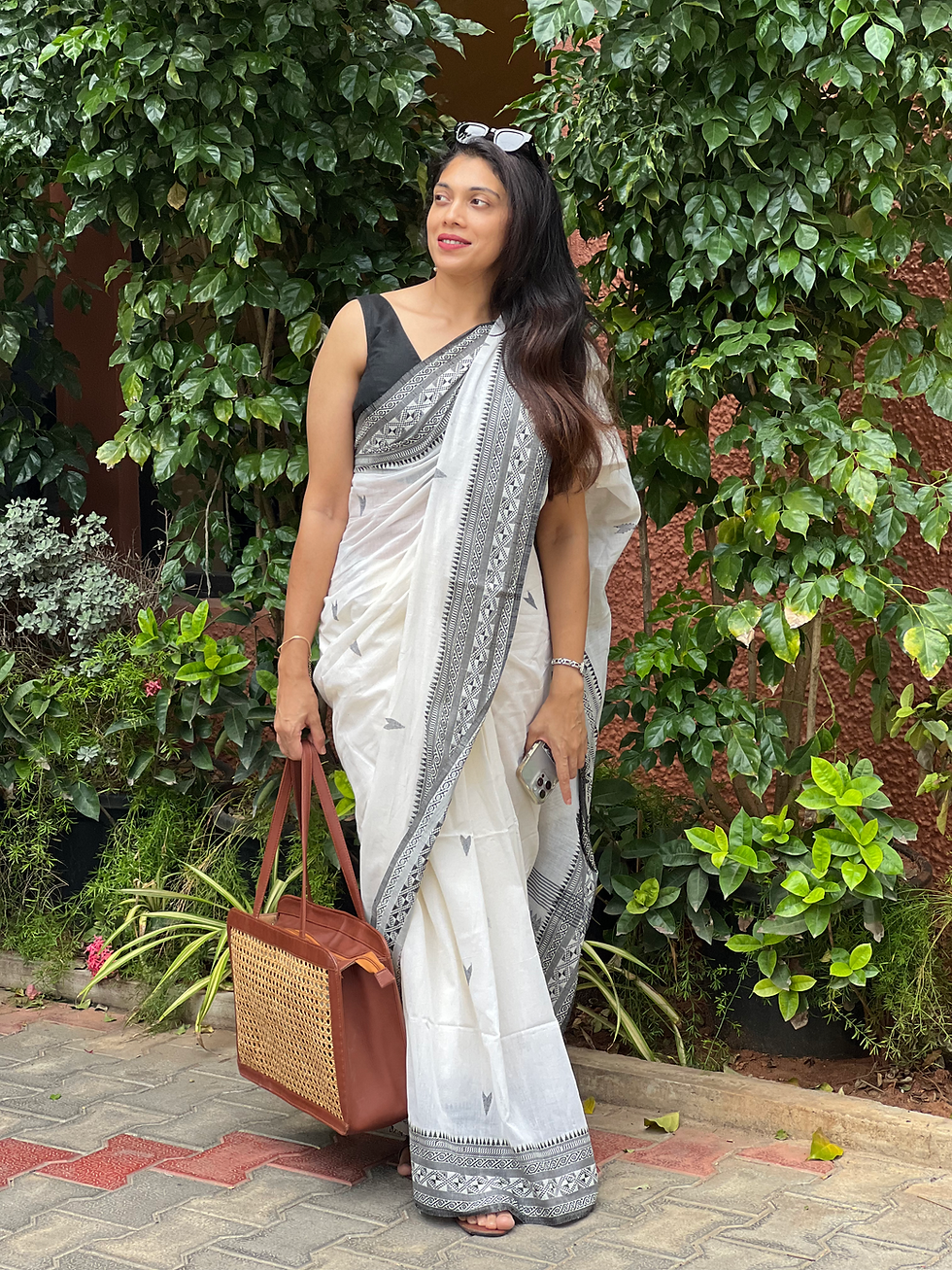 Black and white khadi cotton saree, handwoven for elegance.