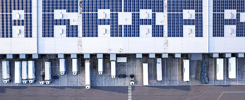 An aerial view of a logistics warehouse