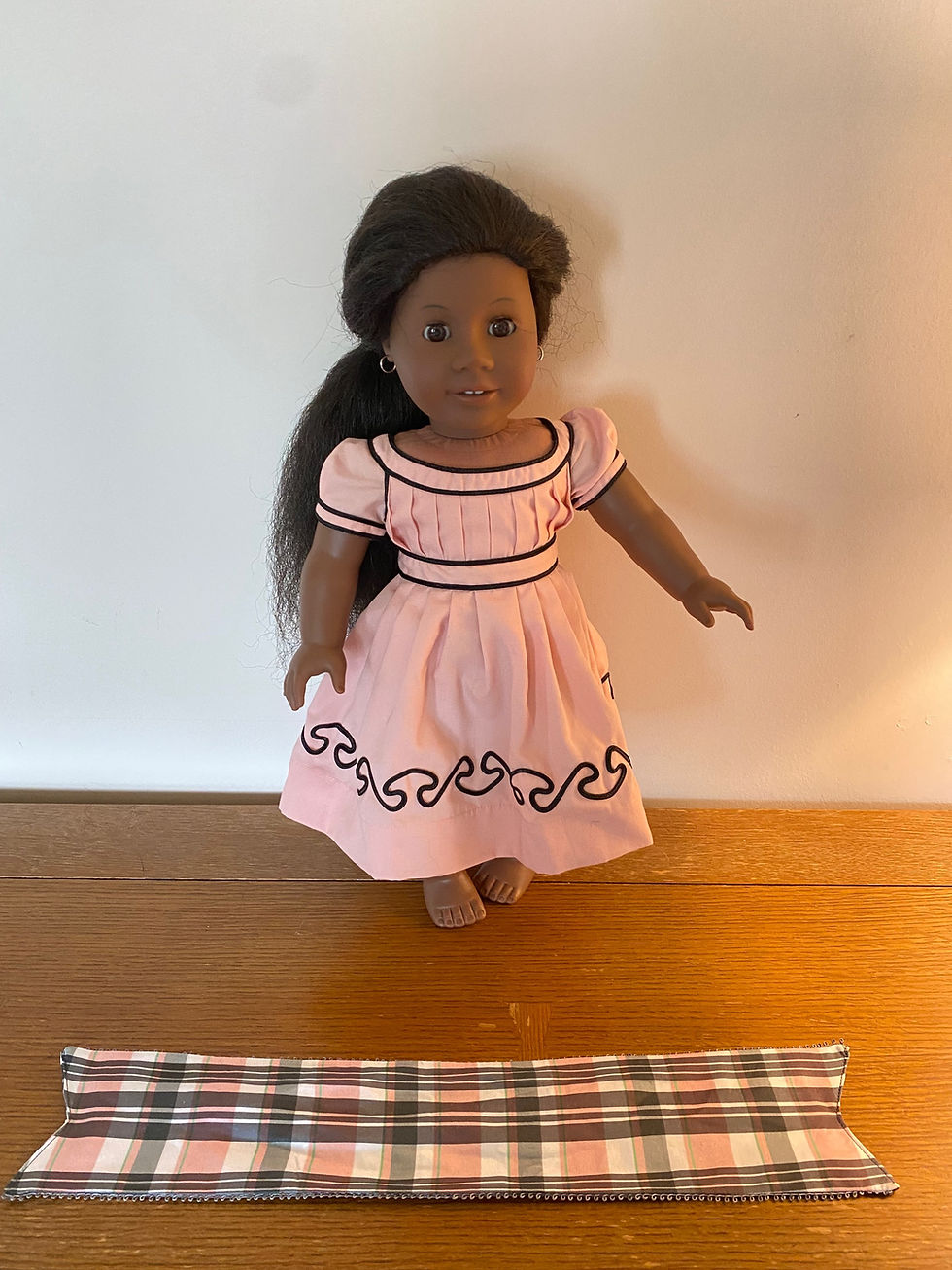 Thumbnail: 18 inch doll hair tie, Replica Cape Island hair tie, pink plaid hair bow, Cape I