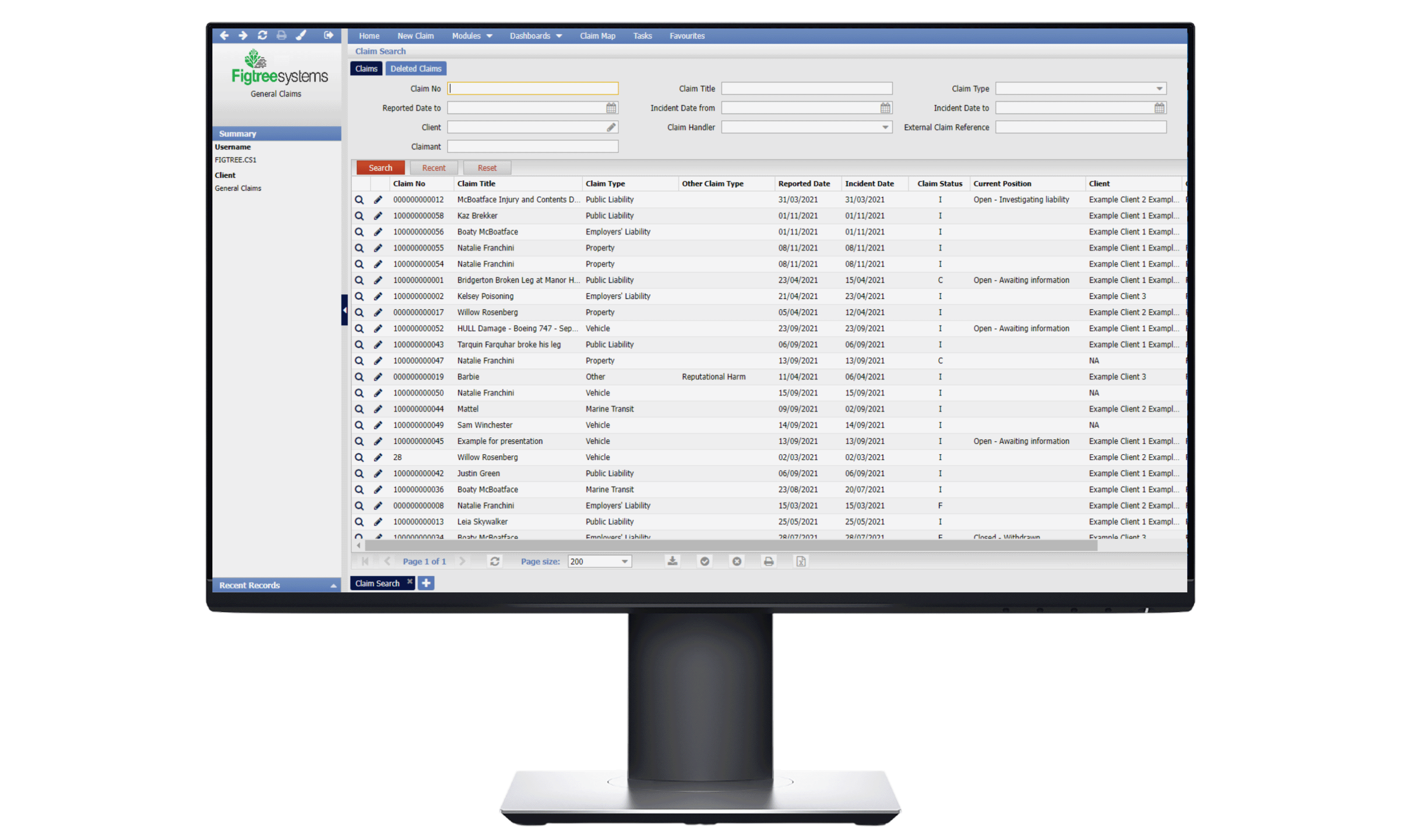 Figtree Systems General Insurance Claims - Claim Search Dashboard