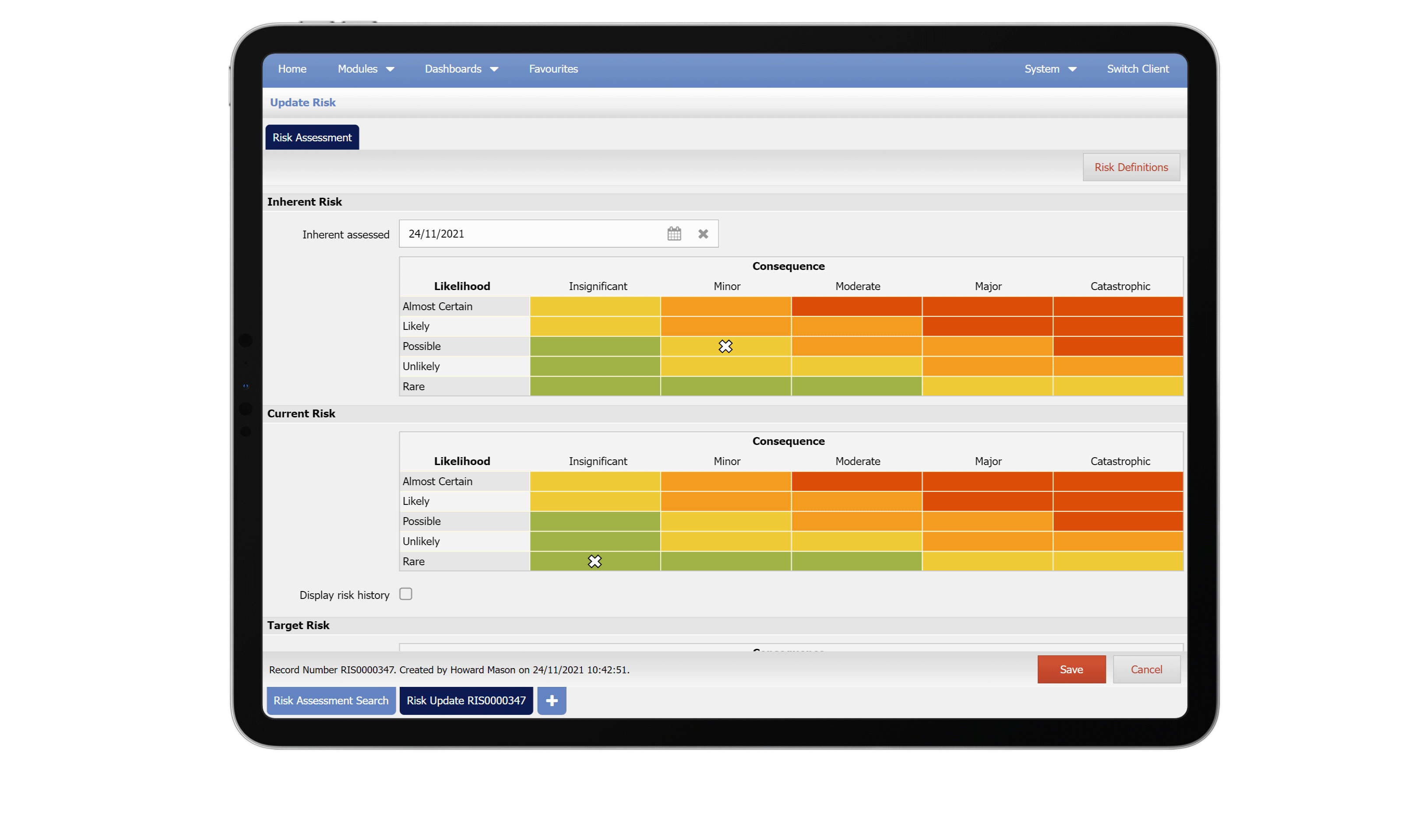 Figtree Systems - Update Risk Dashboard screen on ipad