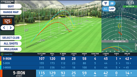 Golf range screen showing shot data, including 9-Iron, 3-Wood distances, and other metrics.