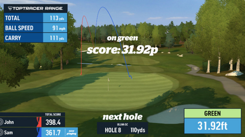 Golf ball trajectory with stats: TOTAL 113, BALL SPEED 91, CARRY 111, on green; Toptracer Range.