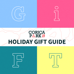 Colorful blocks with letters G, I, F, T on blue, pink, teal, yellow. Text: "CORICA PARK 1927 HOLIDAY GIFT GUIDE." White lines in the center.