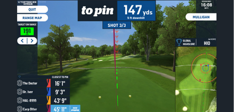 Golf shot simulation with to pin 147 yds, shot 3/3, and Mulligan option.