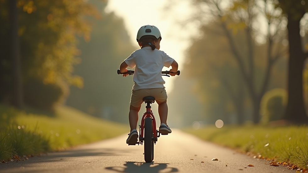 Eye-level view of a child riding a bike