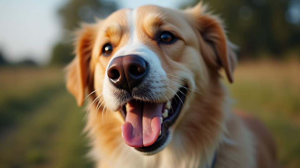Close-up view of a rescued dog with a joyful expression