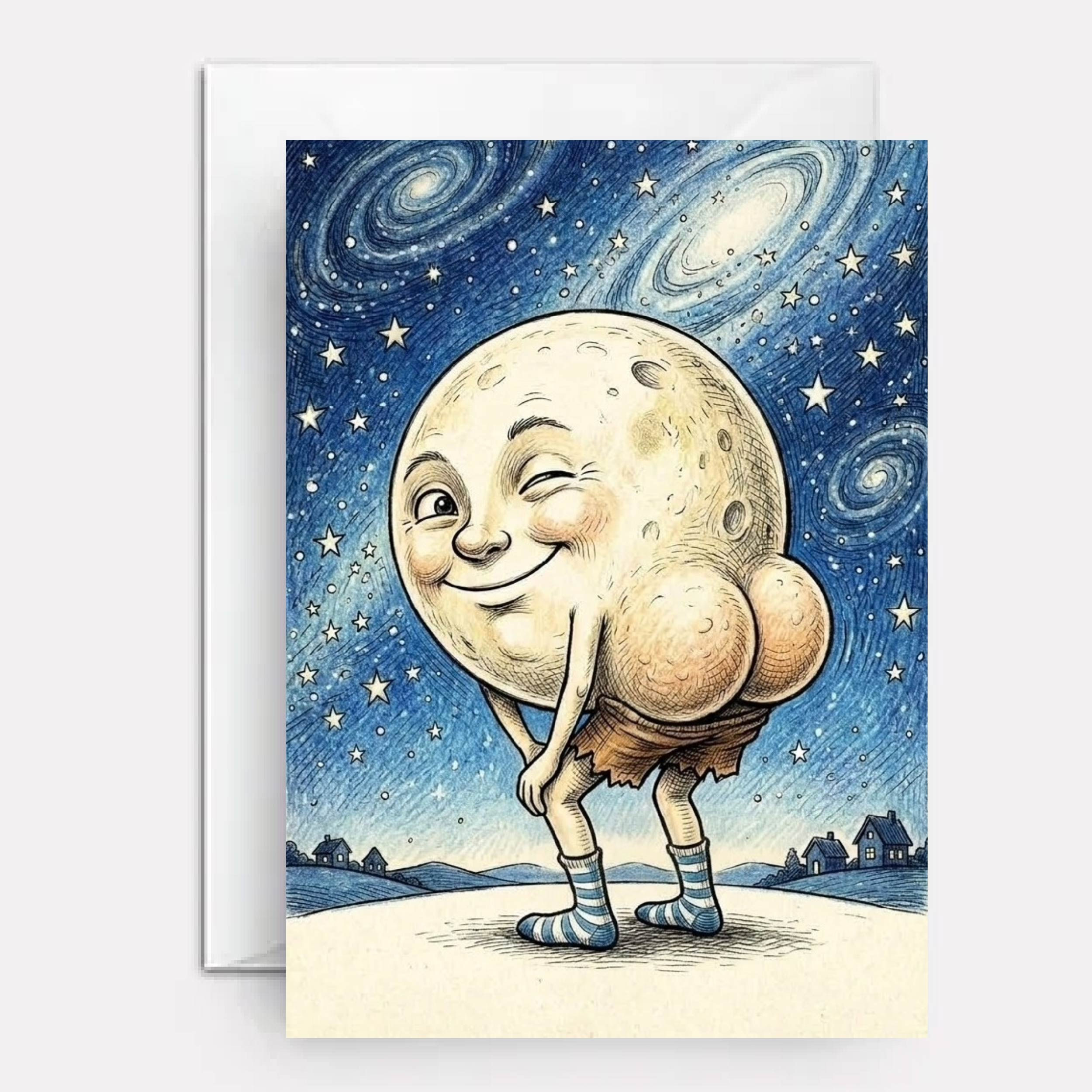 Moon mooning on cover of greeting card for enemies.