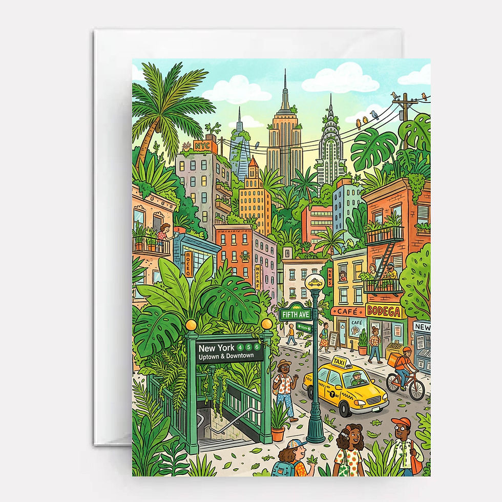 NYC turned into a jungle on cover of greeting card.