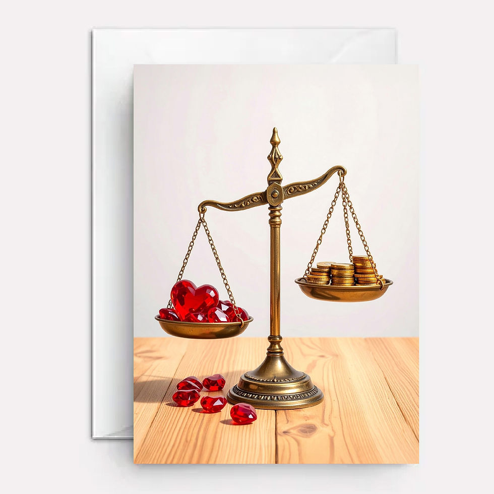 Scale with hearts outweigh gold coins.