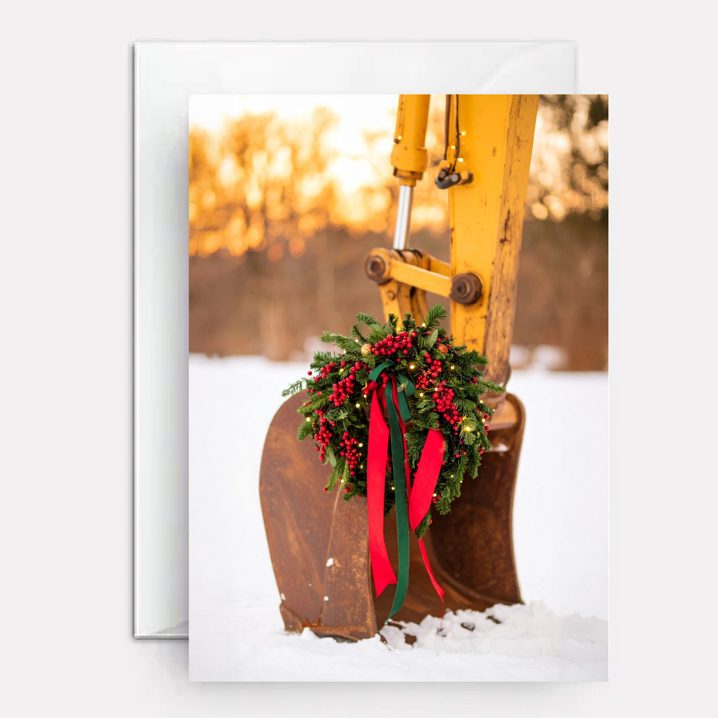 Excavator bucket with holiday decorations.