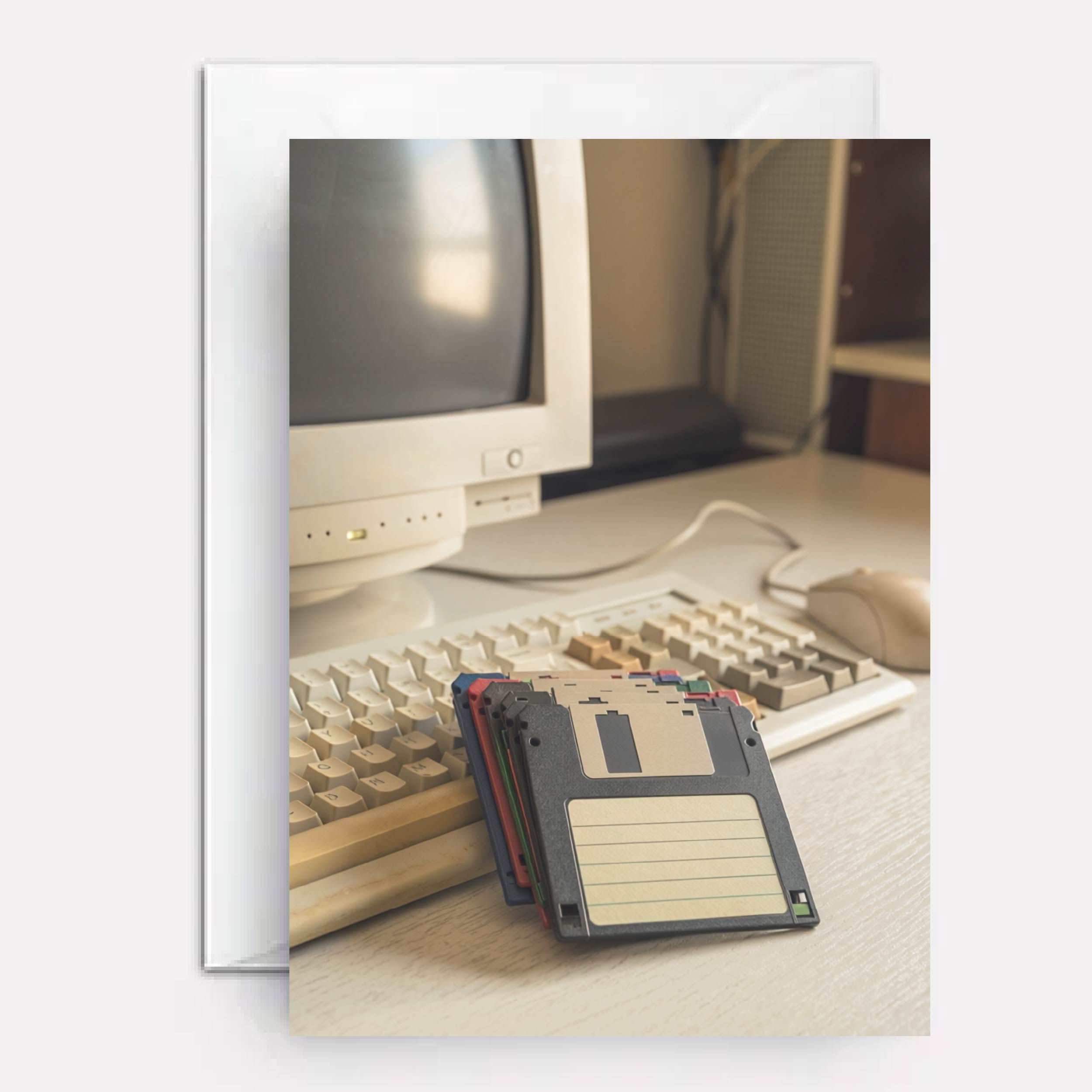 Floppy disks on cover of birthday card.