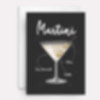 Martini on cover of card, black background.