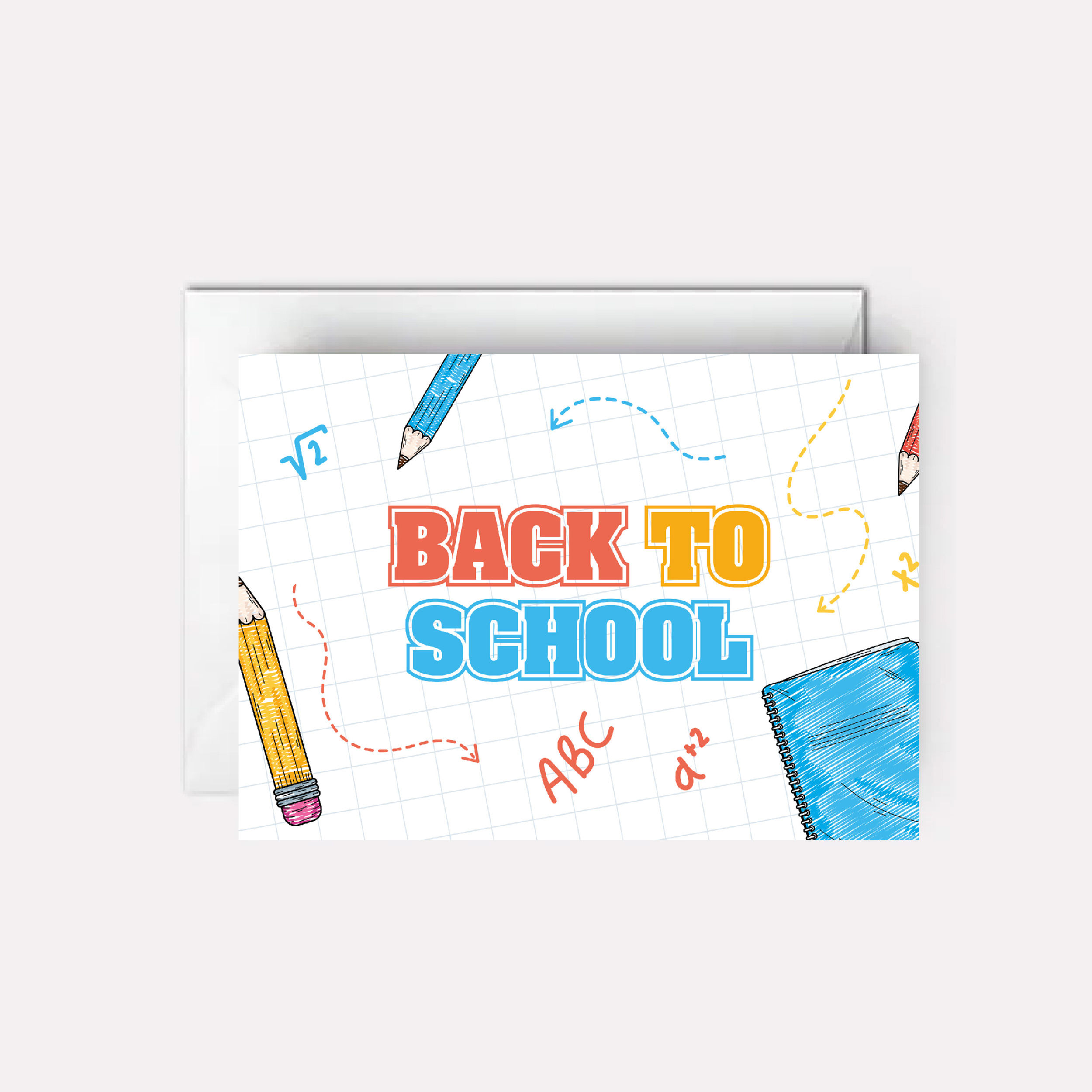Back to school supplies on cover of card.