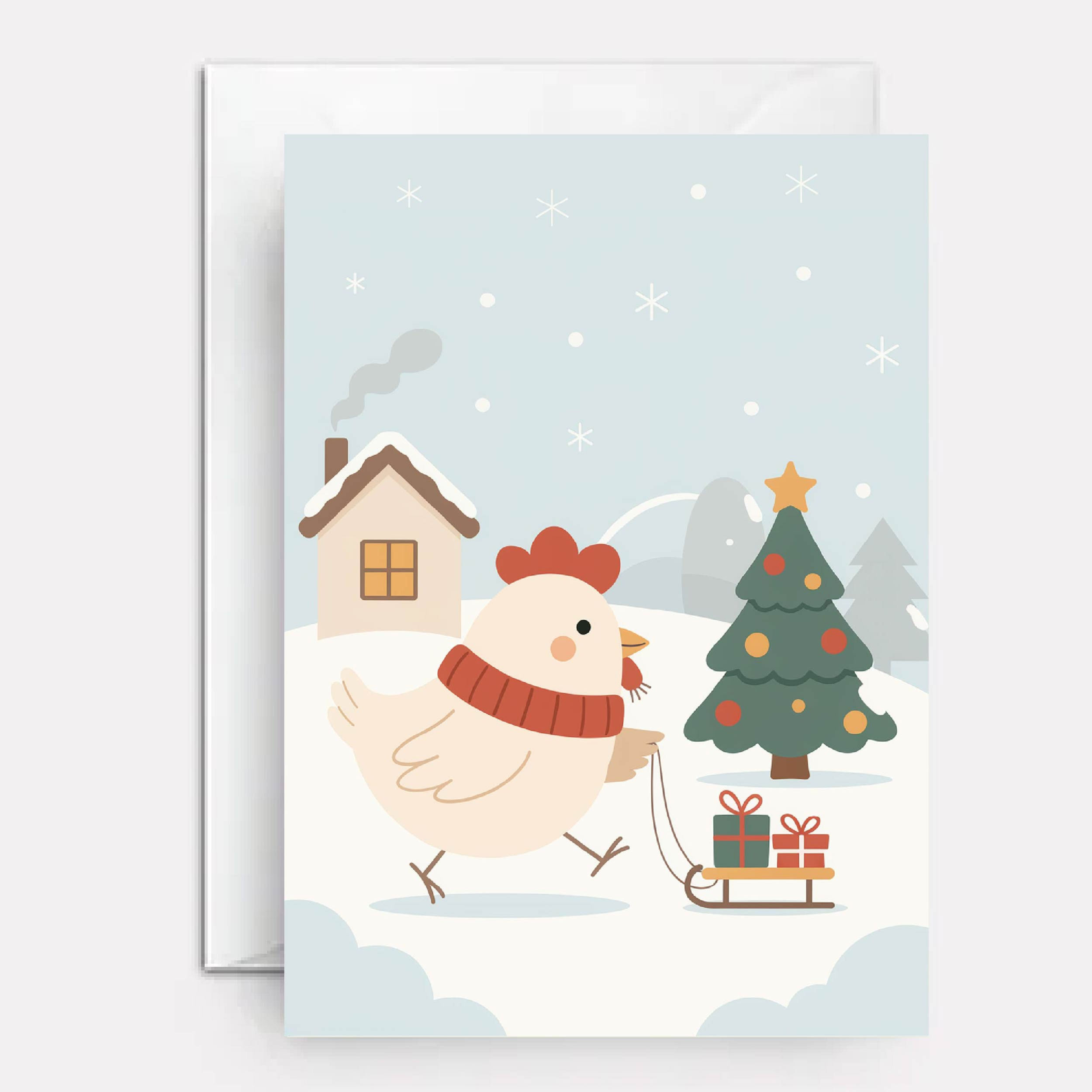 Chicken on cover of xmas card for kids.