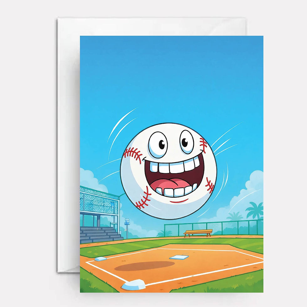 Baseball birthday card, baseball has silly face.