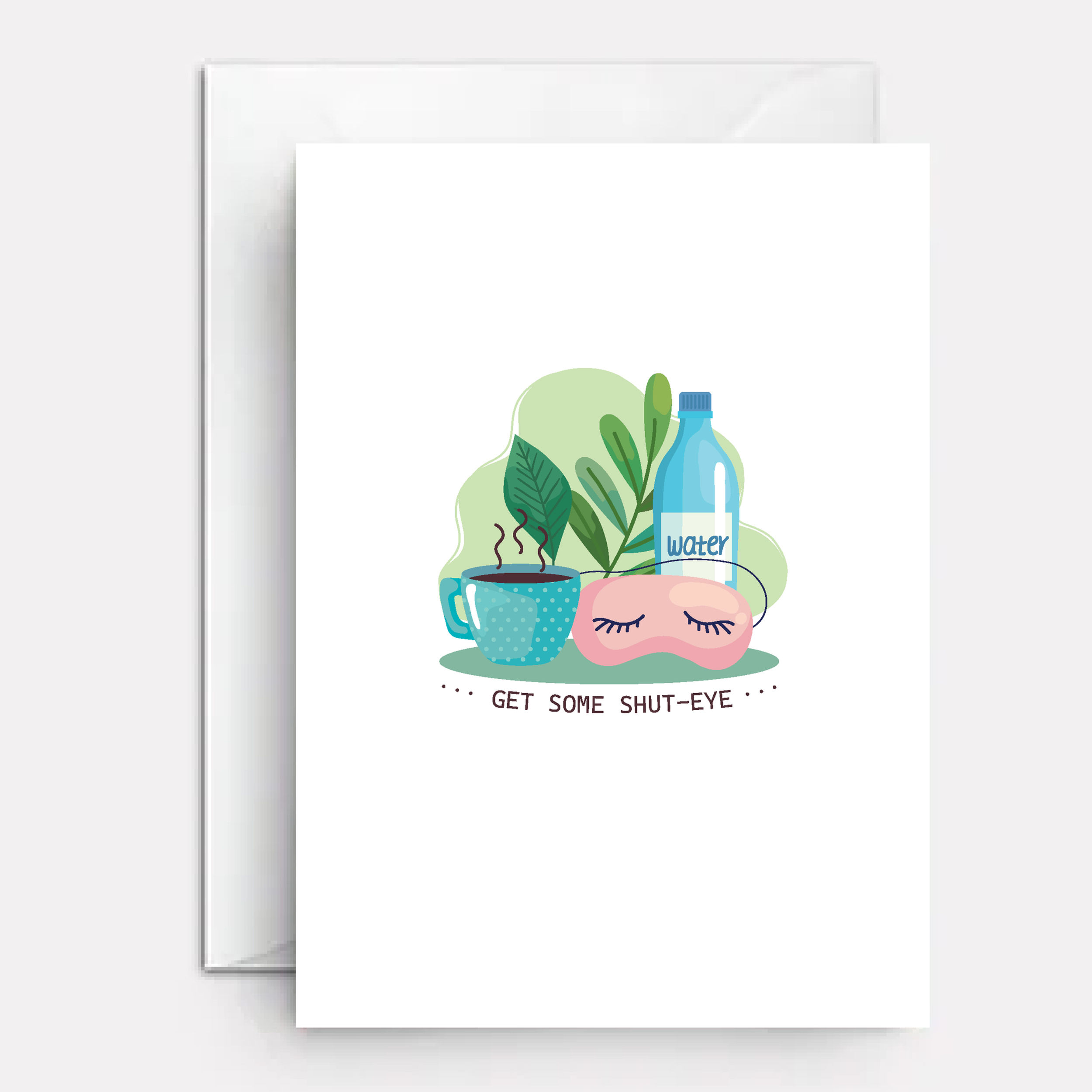 Eye surgery greeting card with sleep mask, water and coffer on cover.